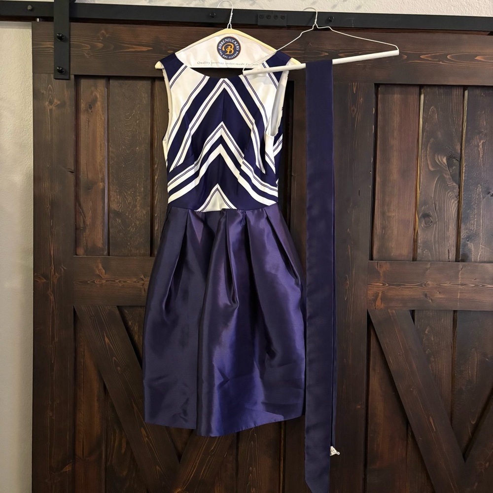 Betsy & Adam Navy Blue and White Chevron Formal Dress with Bow Tie Belt 10